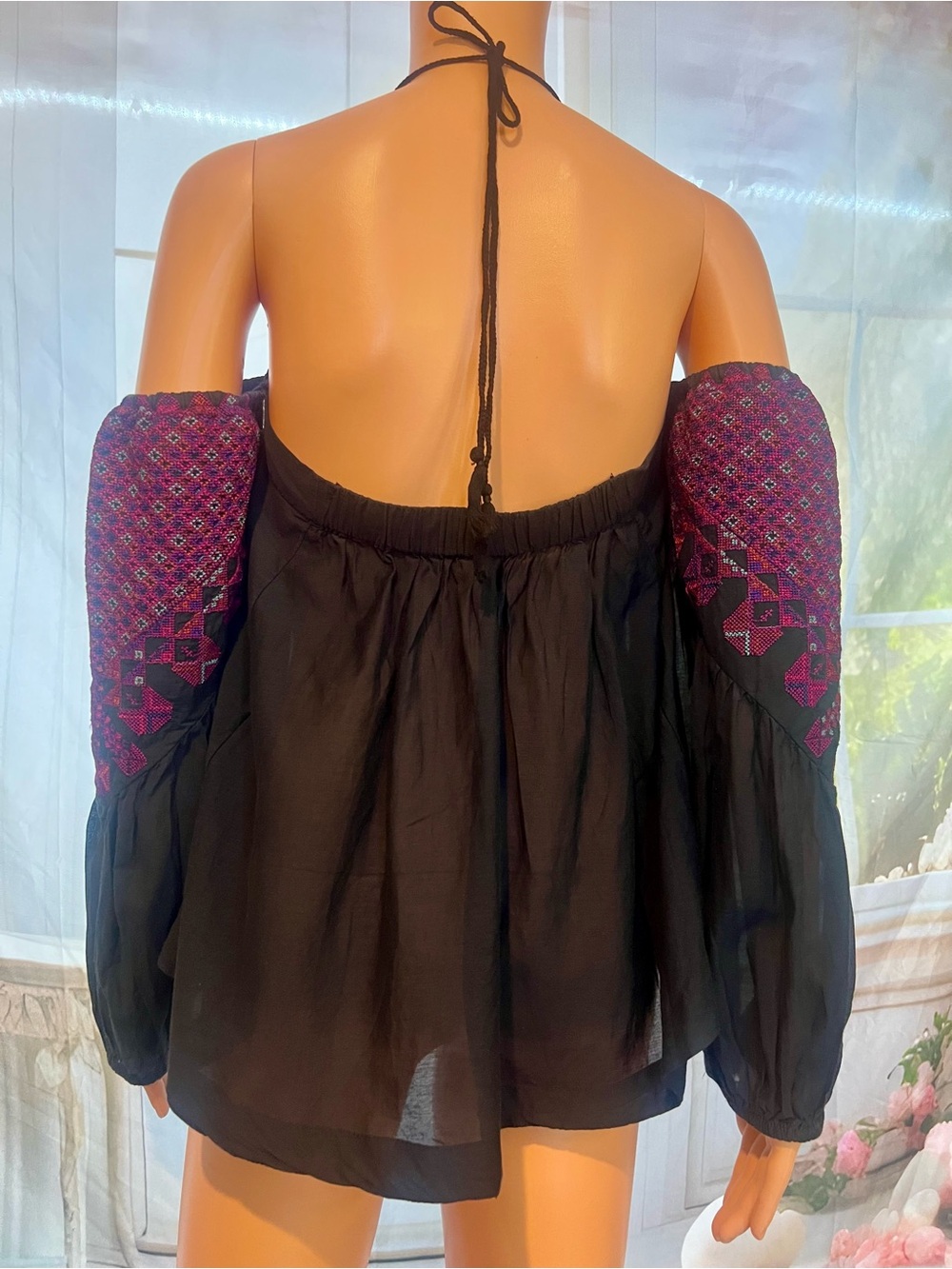 Free People Black Off-Shoulder Top with Magenta Embroidery - Picture 3 of 6